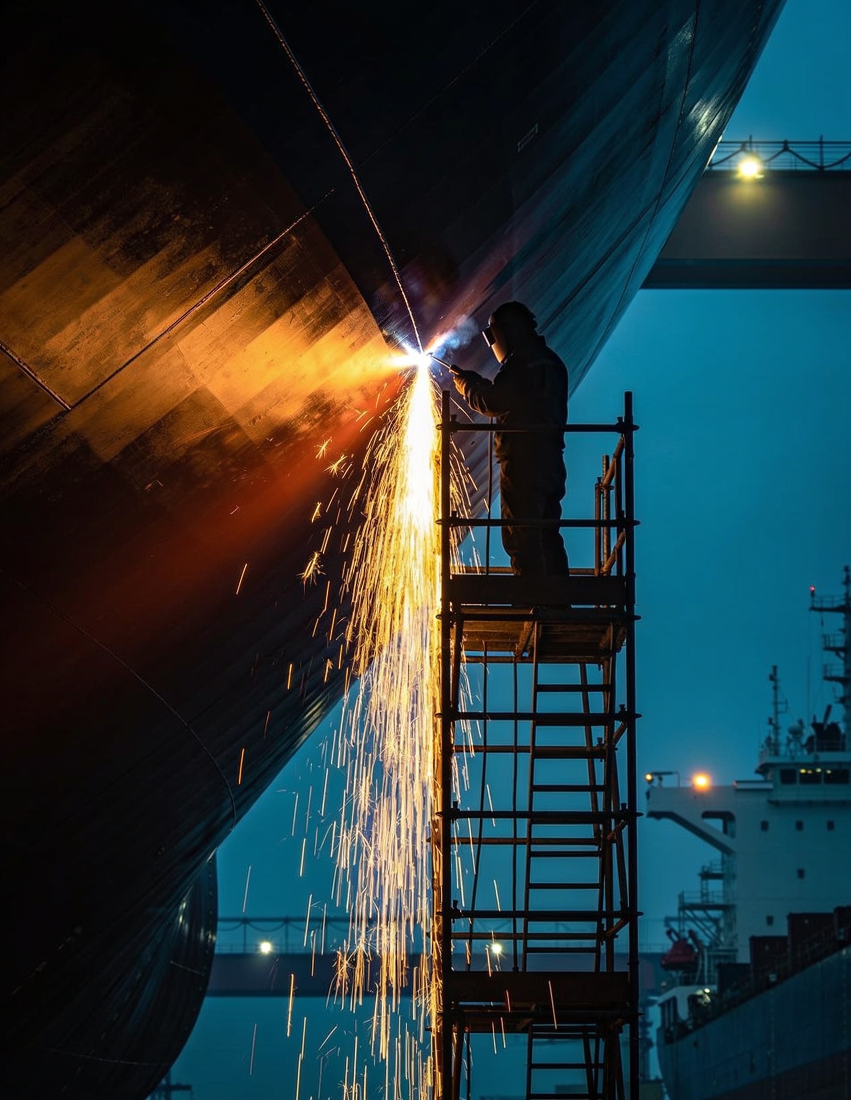 Welder working with sparks on a ship hull in a dry dock