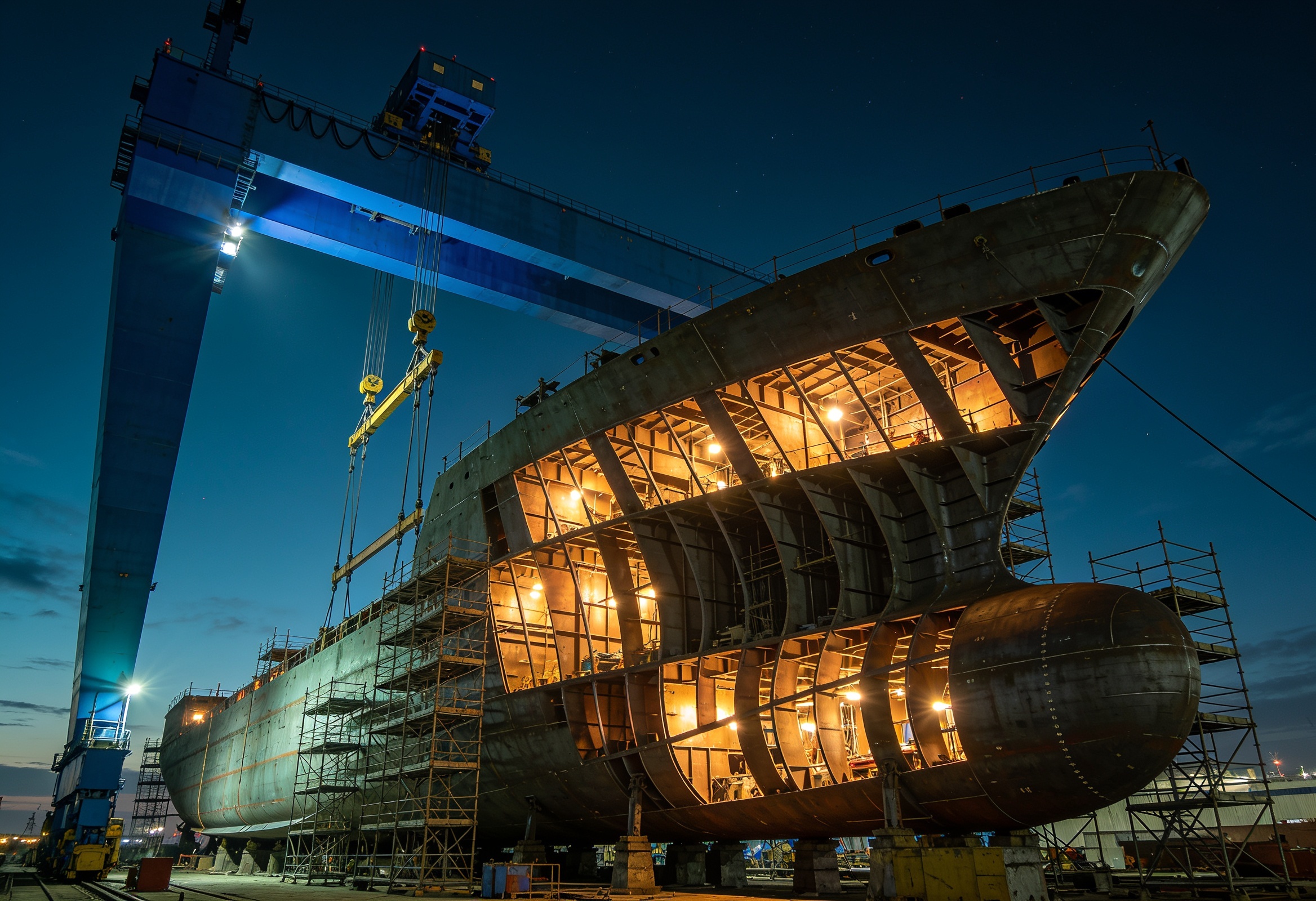A ship hull block under construction beneath a blue portal crane